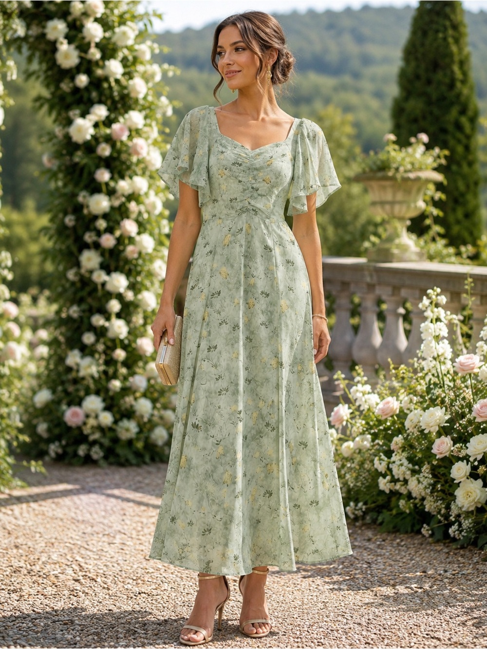 Sage Green Butterfly Print Flutter-Sleeve Maxi Dress – Size Large